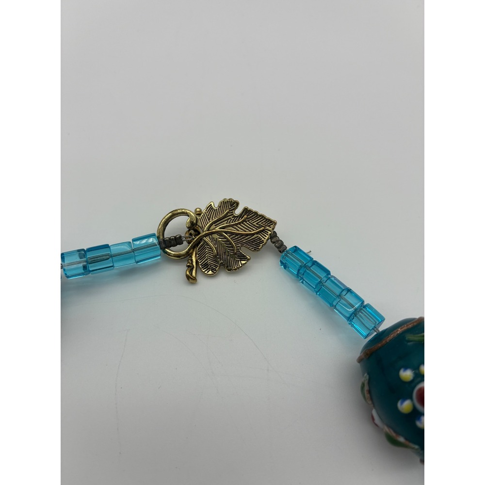 Vintage Lampwork Glass & Copper Bead Necklace Earring Set Teal Blue Floral Leaf - Picture 6 of 8